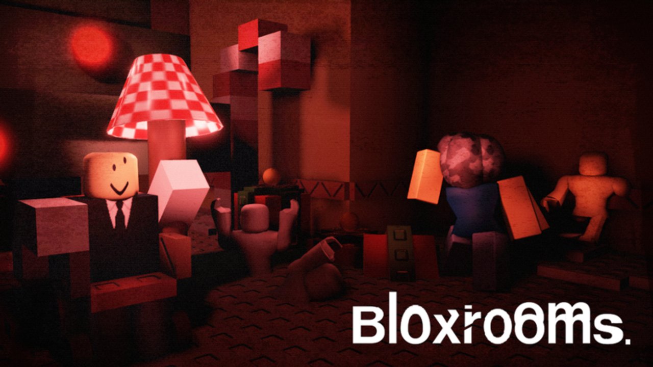 Bloxrooms Roblox screenshot of uncanny blocky figures gathered in a red-lit room around a checkered lamp