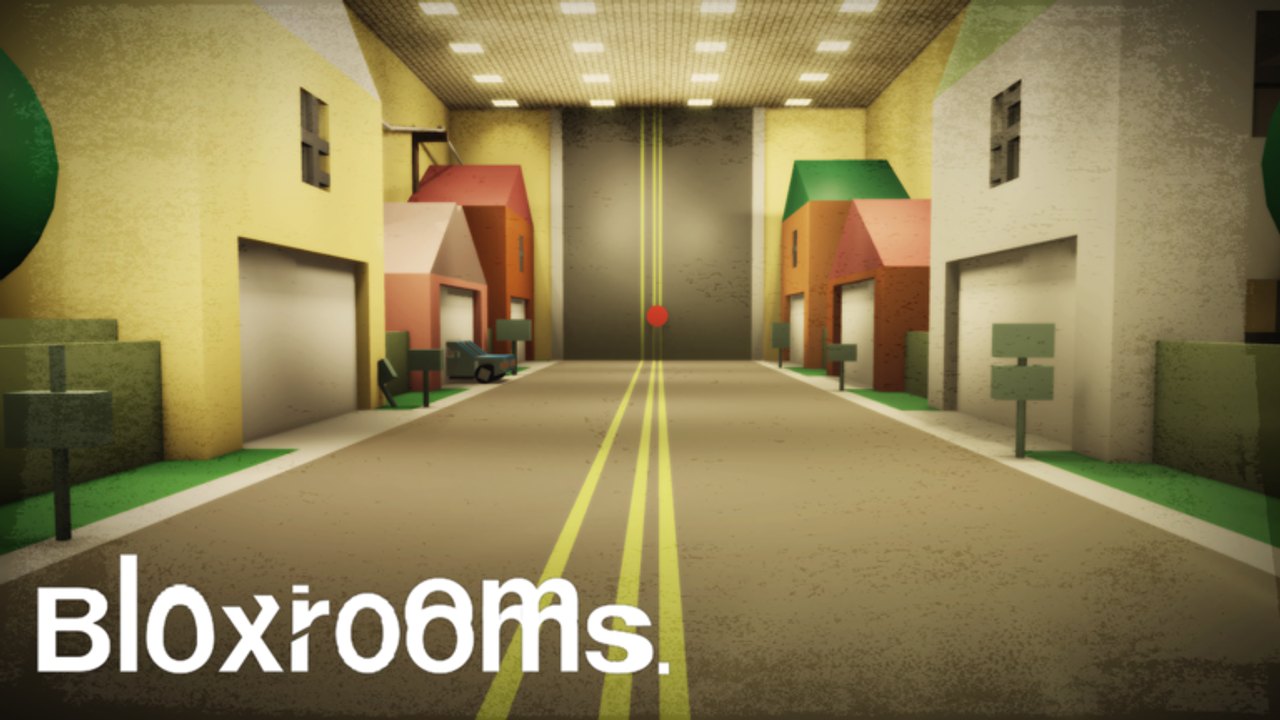 Bloxrooms Roblox screenshot of a liminal indoor street with yellow houses, a center line, and a red marker at the far wall